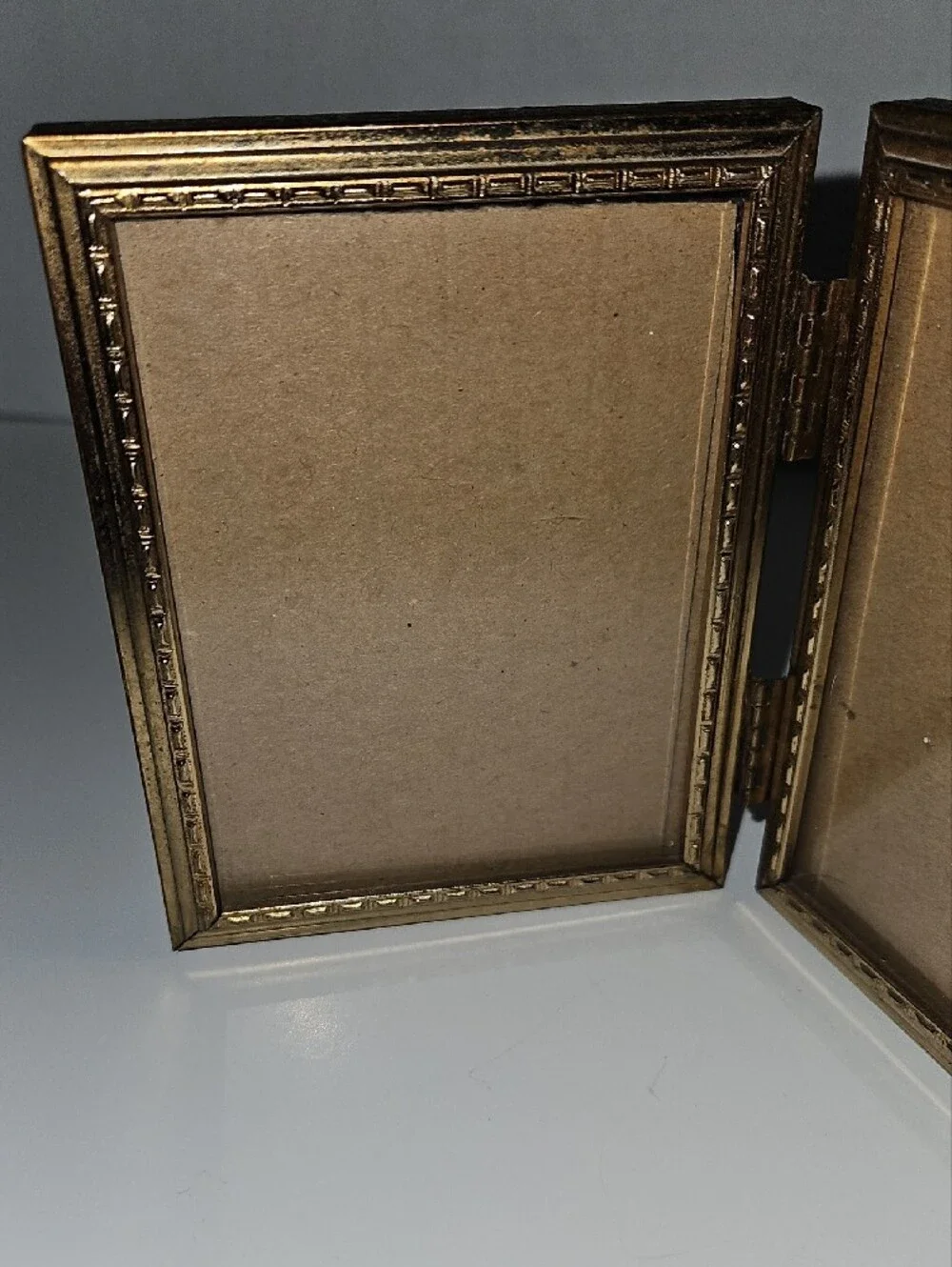 Vintage MCM Double Hinged Photo Frame in Antique Gold Finish